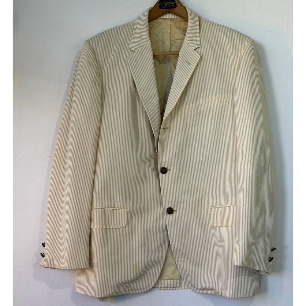 Webb's Blazer Vintage Seersucker Striped Mens 44 Reg Tan White Fair